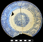 Printed underglaze refined white earthenware plate with romantic motif pattern named “Panama”. Printed manufacturer’s mark on reverse for E. Challinor & Co., Staffordshire (1854-1862). Rim diameter:  7.75”